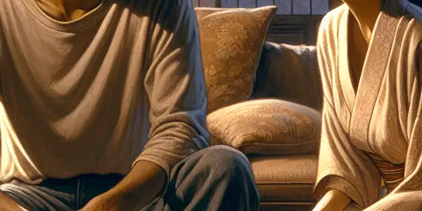 A cozy living room scene featuring a young man and his sister-in-law sharing a moment of emotional connection.