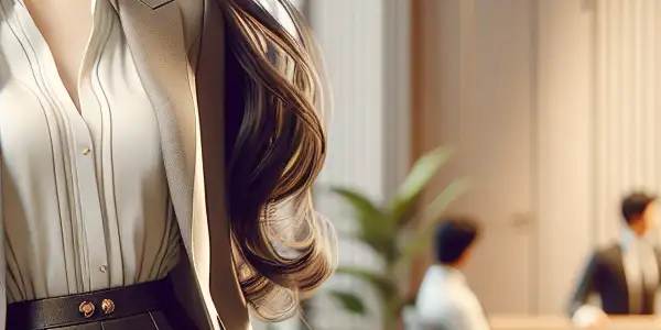 A confident woman in professional attire captivates in a modern office, hinting at ambition and seduction.