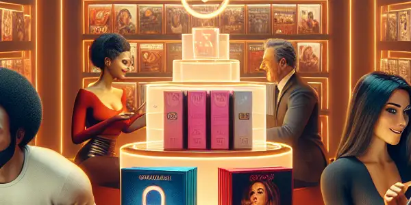 A vibrant virtual marketplace showcasing diverse characters exploring adult films, emphasizing privacy and a cozy atmosphere.