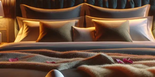 A cozy, intimate bedroom scene featuring romantic decor, passion products, and a couple watching an adult film.