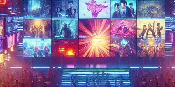 A vibrant digital marketplace showcasing adult film clips with neon lights, diverse characters, and security symbols.