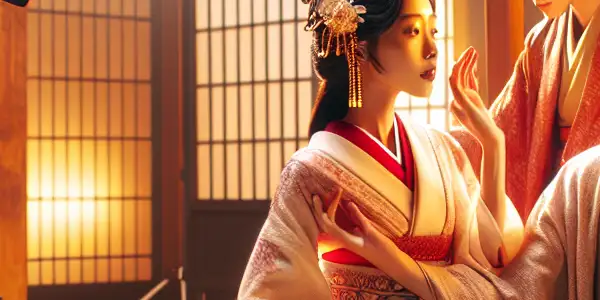 A modern Japanese film studio scene featuring diverse characters in romantic, dramatic moments with traditional and contemporary elements.