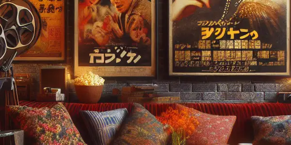 A cozy, dimly-lit room featuring vintage movie posters, a film projector, and plush seating for a cinematic experience.
