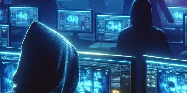 A shadowy figure in a cyberpunk room, focused on a laptop amidst screens displaying adult content and scam warnings.