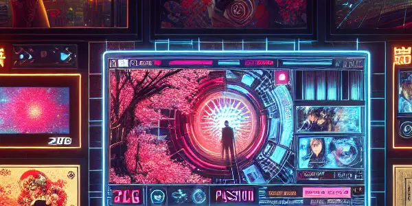 A vibrant digital entertainment scene featuring adult film posters, neon lights, and Japanese AV film highlights.