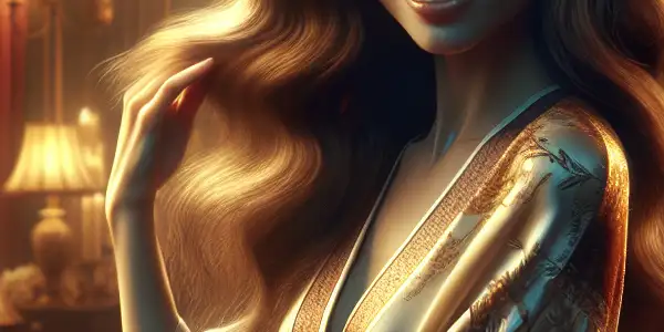 A graceful woman in a kimono smiles in a luxurious bedroom, evoking cinematic charm and intimacy.