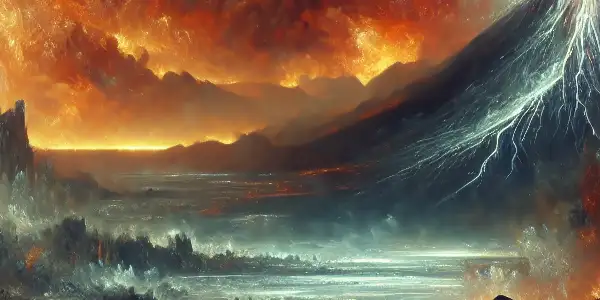 A volcanic eruption creates a fiery landscape as two passionate figures express intense emotion amidst chaos.