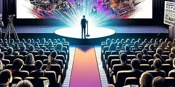 A lively cinema scene showcasing an excited audience at a premiere screening of a Japanese adult film teaser.