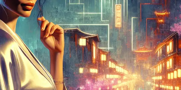 A vibrant street scene featuring an elegant female protagonist amidst neon lights and traditional Asian architecture, evoking cinematic allure.