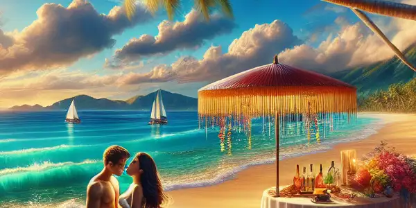 A romantic couple enjoys a tropical beach scene with palm trees, vibrant flowers, and serene turquoise waters.