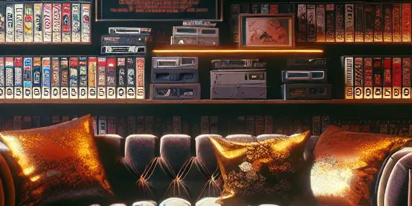 A cozy, dimly lit room filled with vintage Japanese adult film tapes, a plush sofa, and cultural decor.