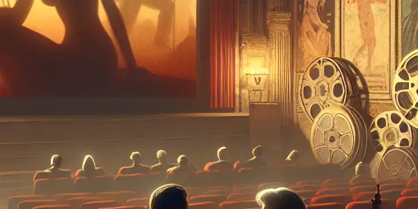 A nostalgic vintage cinema setting with plush seats, dim lighting, and iconic adult film posters.