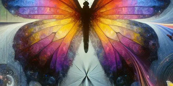 A vibrant butterfly flaps its wings in a surreal landscape, symbolizing life’s pivotal moments and consequences.