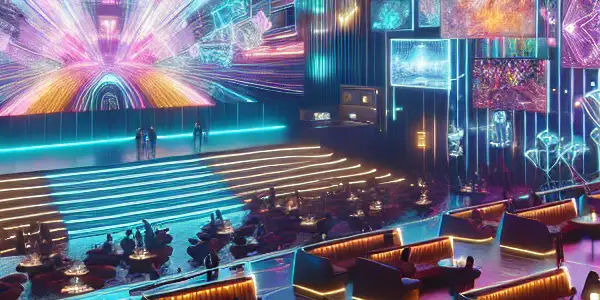 A futuristic cinema lobby filled with neon lights, diverse patrons, and a large screen showcasing abstract visuals.