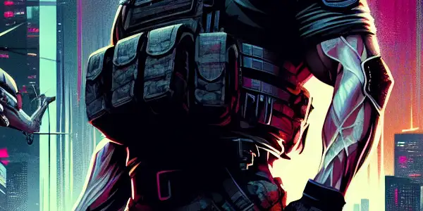 A muscular character resembling Jason Statham in tactical gear, set against a neon-lit urban nightscape, blending action and adult film themes.