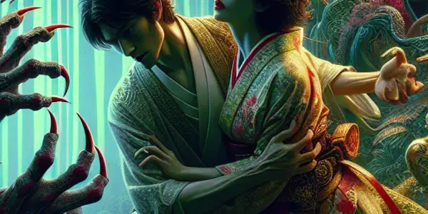 A surreal scene depicting a passionate struggle between human emotions and primal instincts in a forest setting.