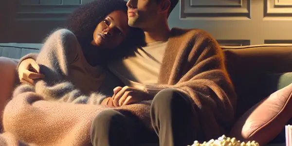 A cozy couple snuggles on a sofa, watching a film in a warmly lit living room.
