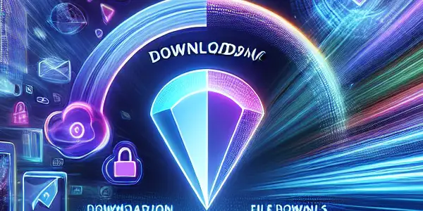 A dynamic scene of young adults using technology to download media, featuring vibrant graphics and symbols of security.