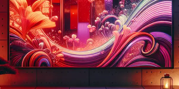 A cozy living room with abstract visuals on a screen, popcorn, and hints of Japanese culture.