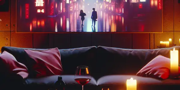 A cozy, dimly lit room featuring a screen showing romantic adult content, adorned with plush cushions and soft lighting.