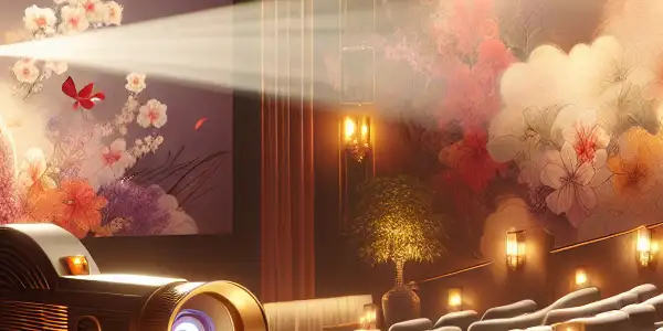 An elegant film studio showcasing a romantic scene from a Japanese AV film, surrounded by plush seating and floral scents.