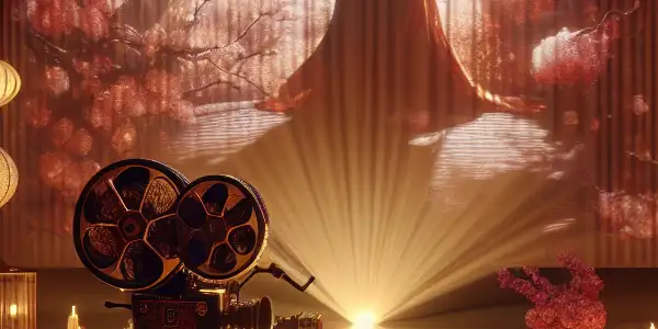 An intimate, dimly lit room with a vintage projector, soft light, and hints of sensuality and Japanese cultural elements.