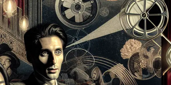 A stylish couple enjoys an intimate film in a luxurious, dimly lit theater, surrounded by abstract romantic motifs.