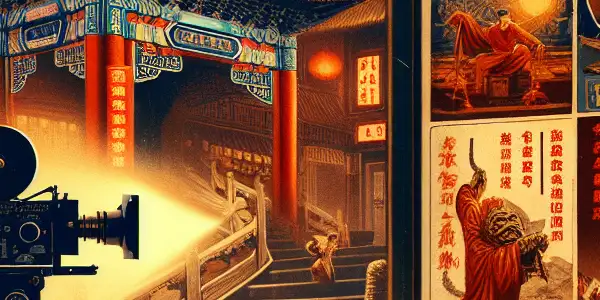 A vibrant 1970s Hong Kong film set with a filmmaker, actors in period costumes, and colorful movie posters.