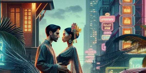 A passionate couple embraces on a vibrant Bangkok street, illuminated by neon lights and surrounded by tropical flora.